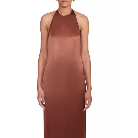 NWT STAUD Clove BROWN Janet HALTER Open Back SATIN Slip MAXI DRESS 12 - Picture 11 of 15